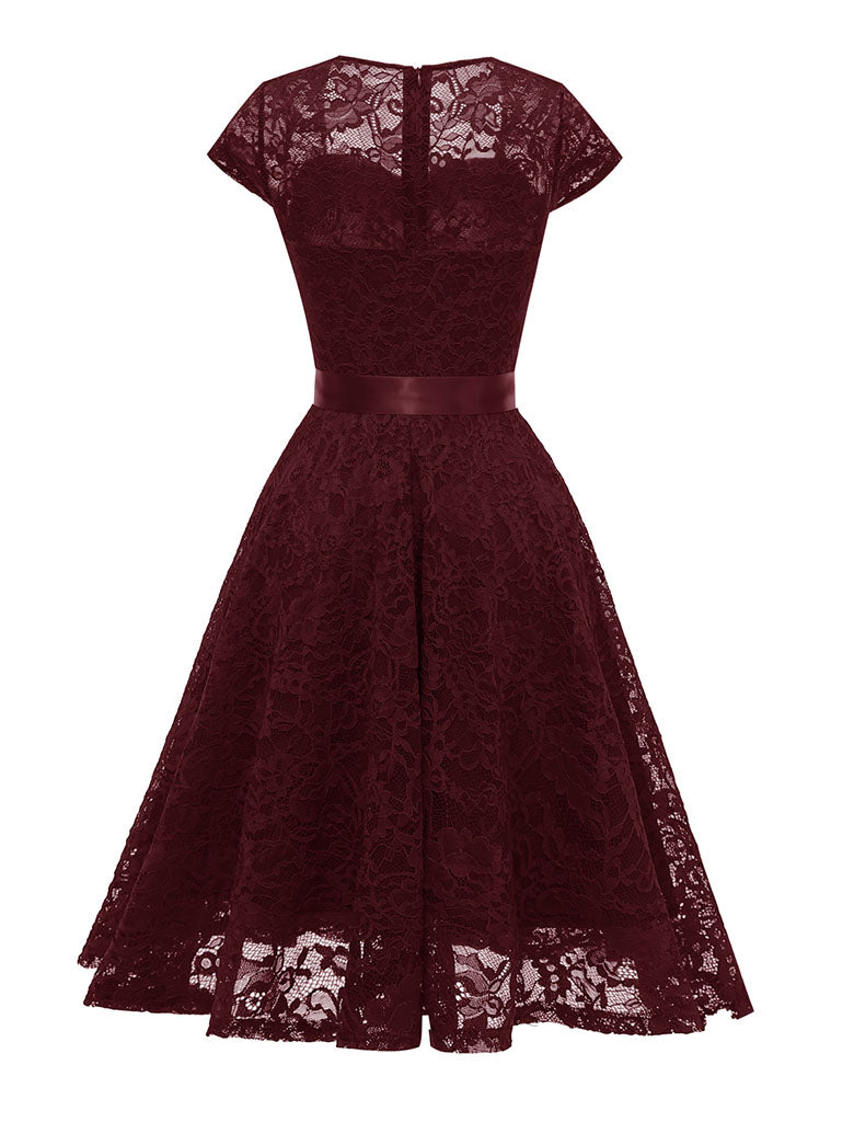 Navy Semi Sheer Solid Color 50s Party Lace Swing Dress
