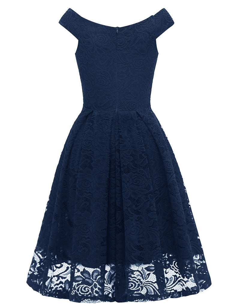 Solid Color Lace Cap Sleeve V Neck 50s Party Swing Dress