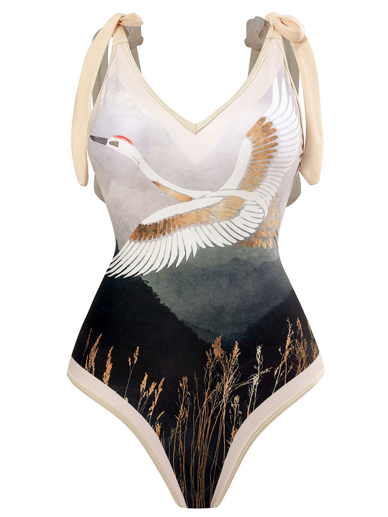 Cranes Bird Print Retro Style V Neck One Piece