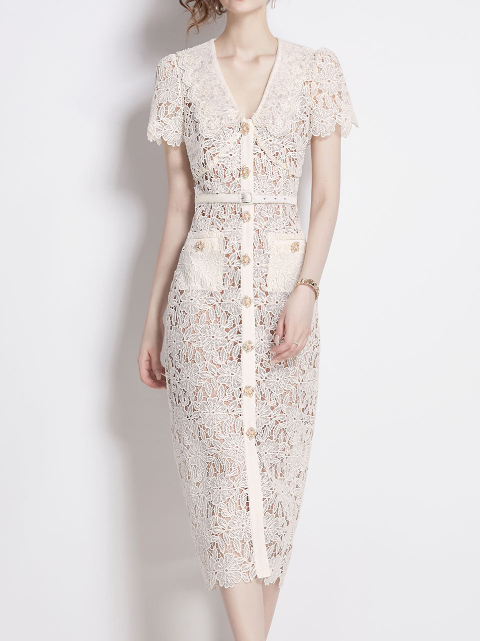 White Lace V Neck Short Sleeve Bodycon Dress