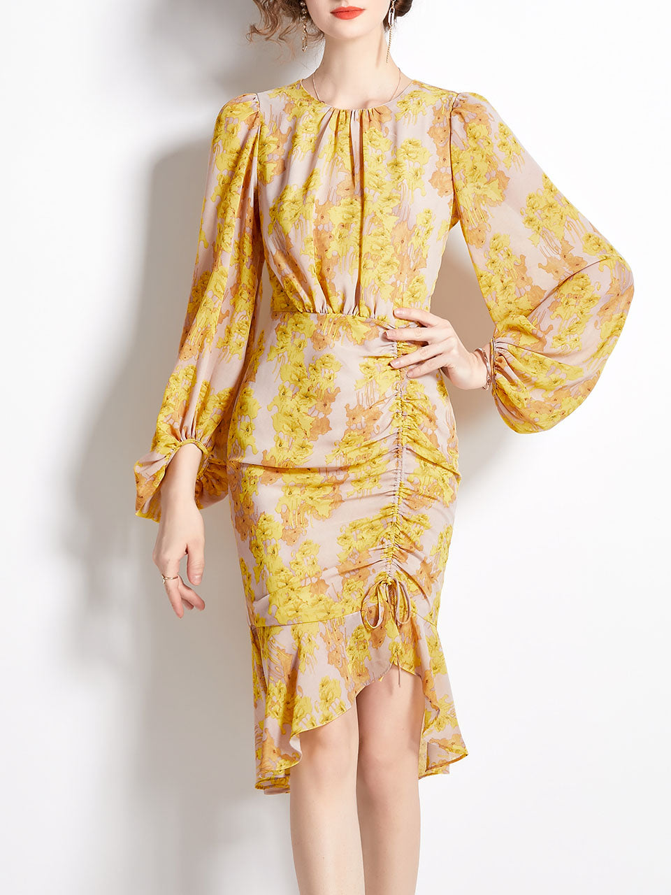 Grey Crew Neck Puff Sleeves Floral Print Bodycon Dress