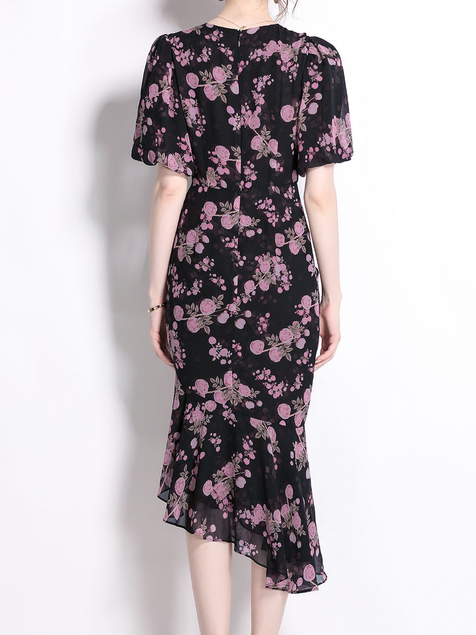 Black Crew Neck Puff Sleeves Floral Print Bodycon Dress