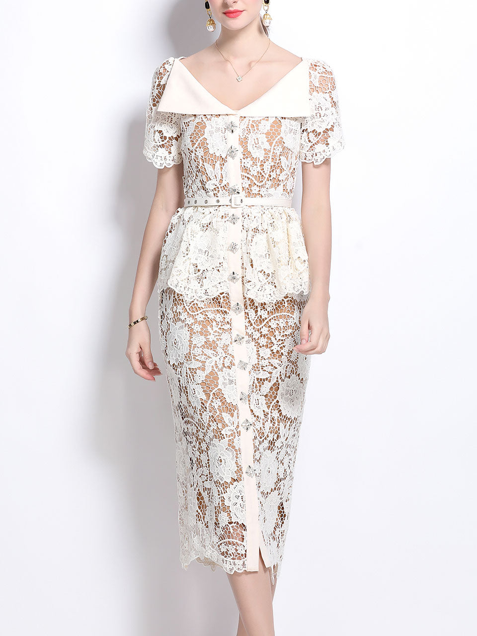 White Lace Flower V Neck Short Sleeve Wasp Waist Bodycon Dress