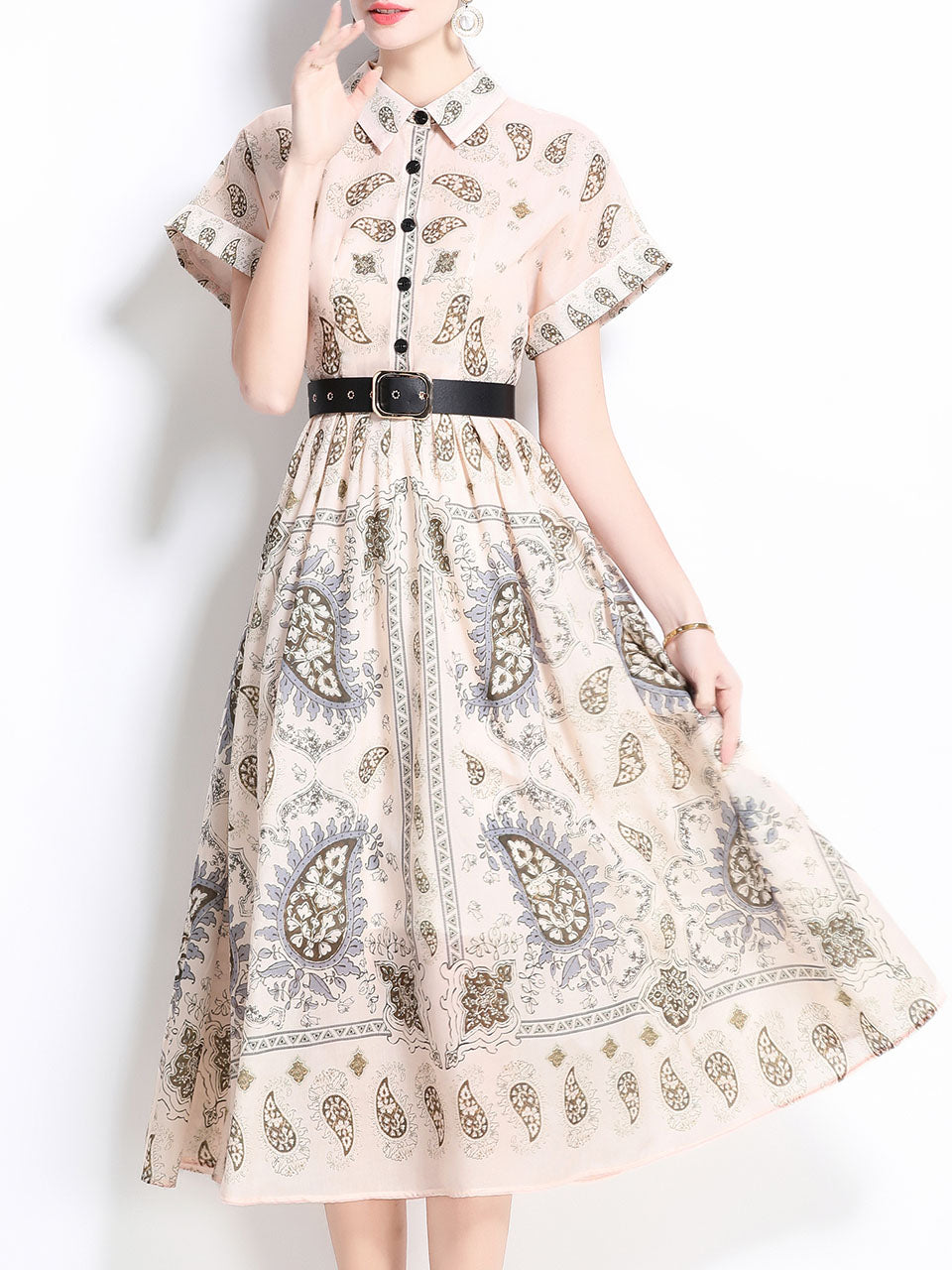 1940S Classic Shirt Collar Vintage Print Cotton Dress