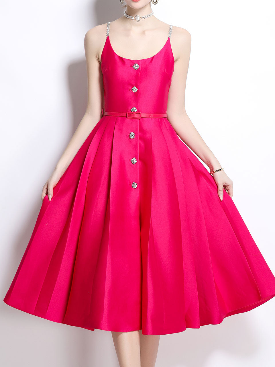 Pink Luxury Diamond Strap Satin Prom Dress