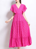 Embroidered Openwork V Neck Ruffles Maxi Dress