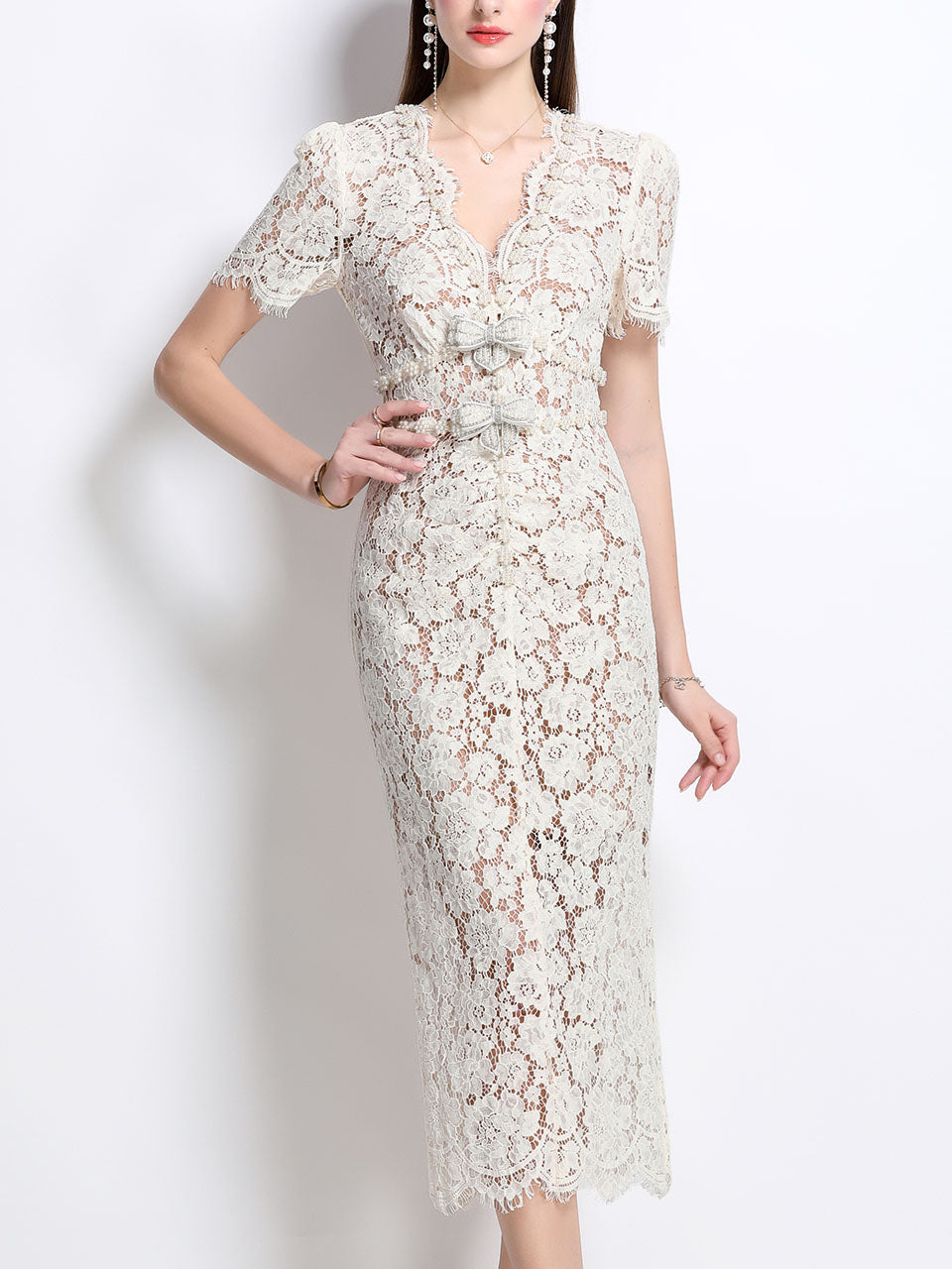 White V Neck Bow Short Sleeve 1950S Vintage Lace Bodycon Dress