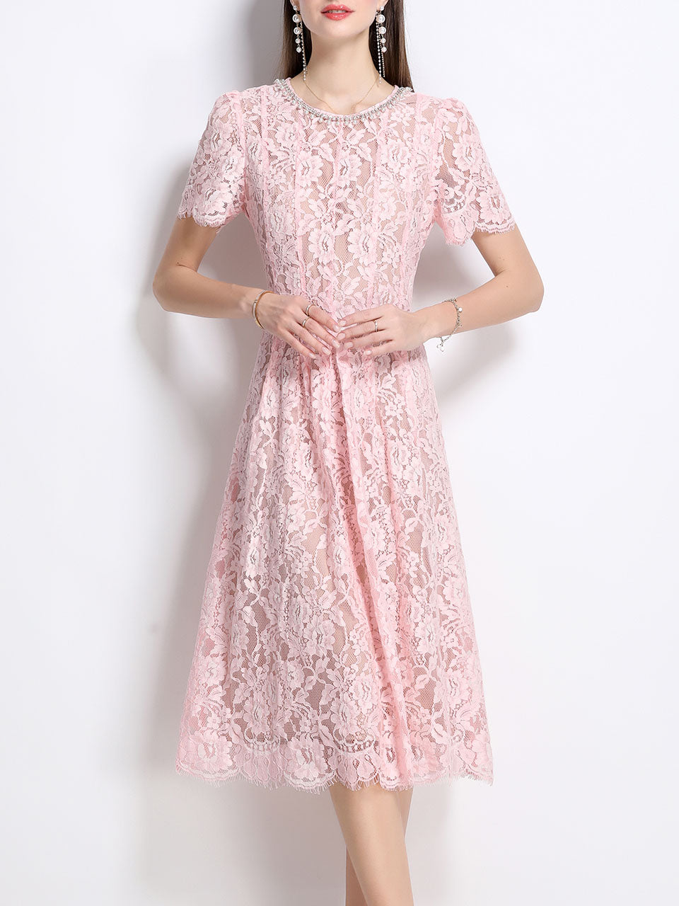 Pink Crew Neck Short Sleeve Classic 1950S Vintage Lace Dress