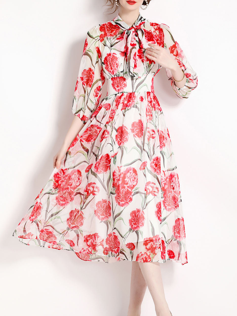 White Flower Print Long Sleeve High Waist Swing Vintage Dress