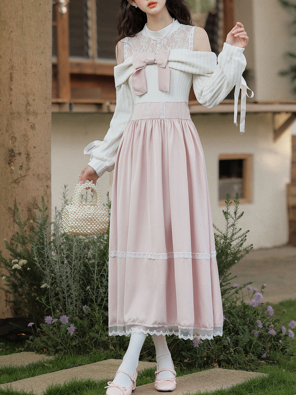 Sweetheart Pink Cold Shoulder Lace Long Sleeve Vintage Dress