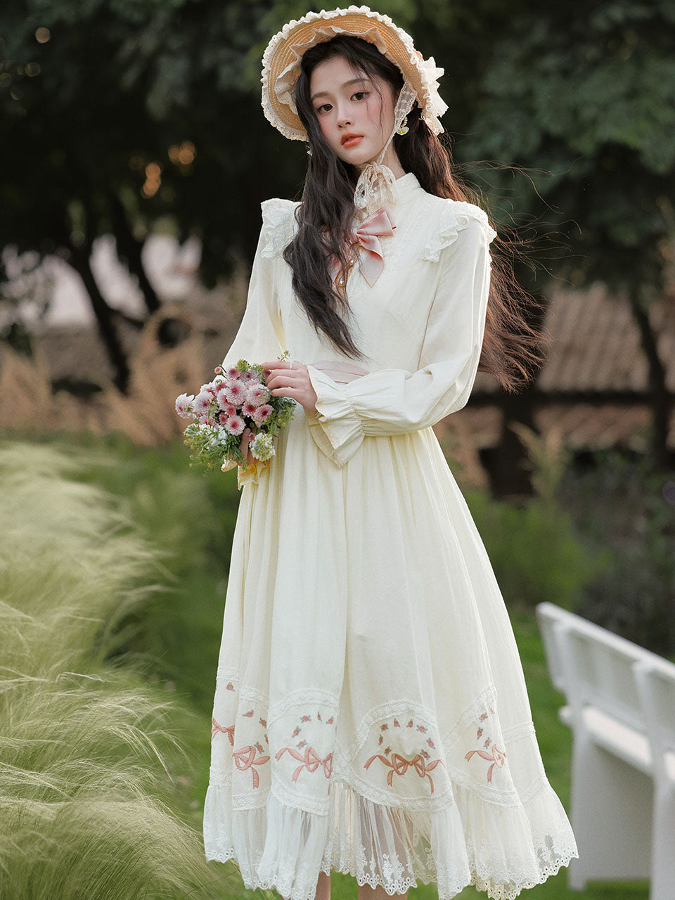 White Edwardian High Neck Lace Embroidered Vintage Dress