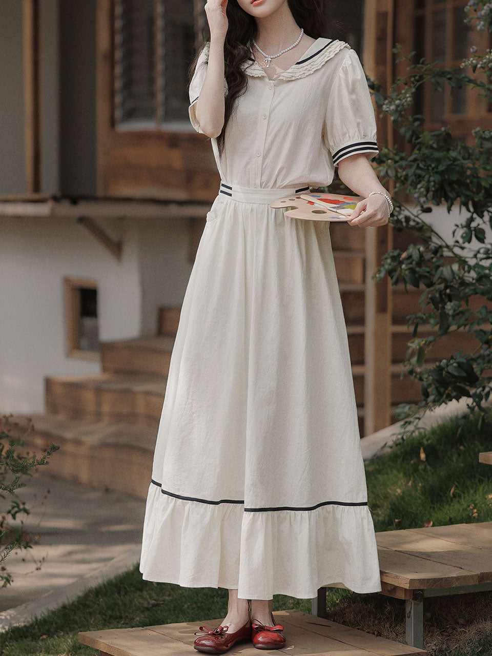 White Sailor Style Top and Skirt Set 2 Piece Matching Outfit for Women