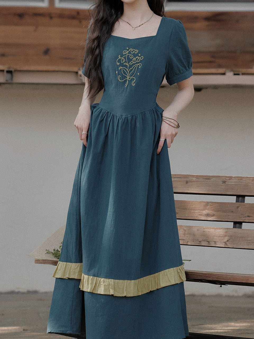 Peacock Blue Bluebell Embroidered Vintage Dress
