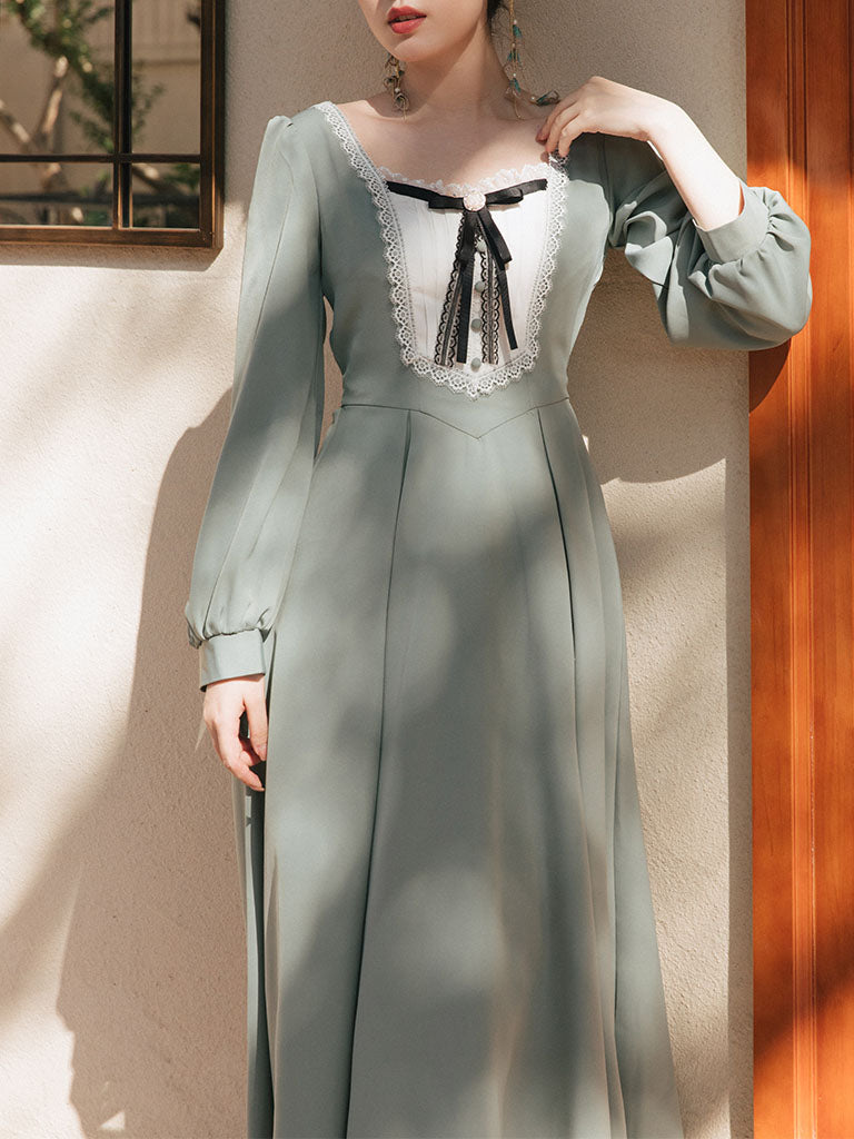 Light Green Long Sleeve Ruffles Evdwardian Revival Dress