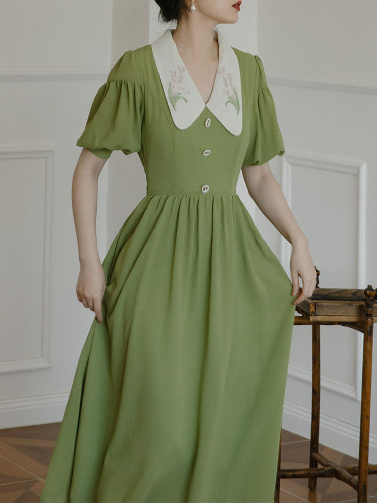 Green Chelsea  Floral Embroidered Collar Audrey Hepburn 1950S Dress