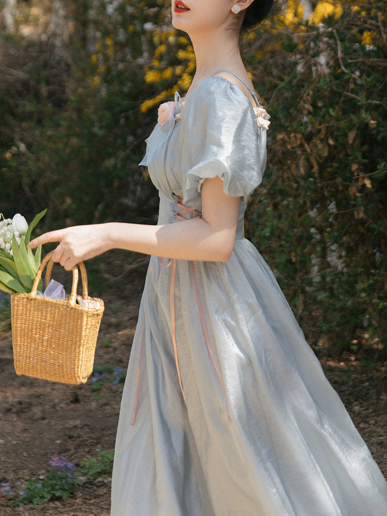 Baby Blue Square Collar Flower Princess Vintage Dress