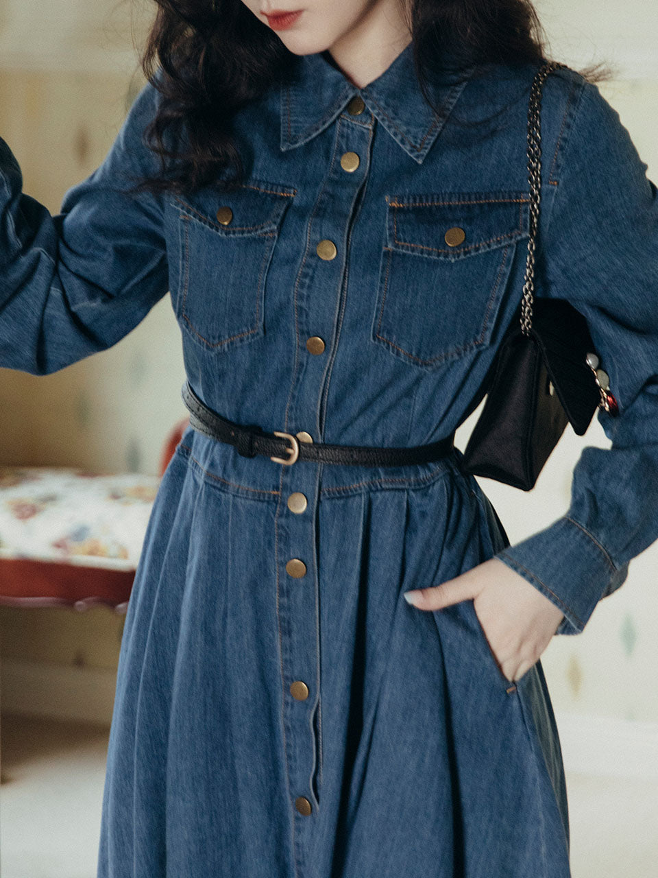 Denim Lapel Long Sleeve 1950S Swing Vintage Dress