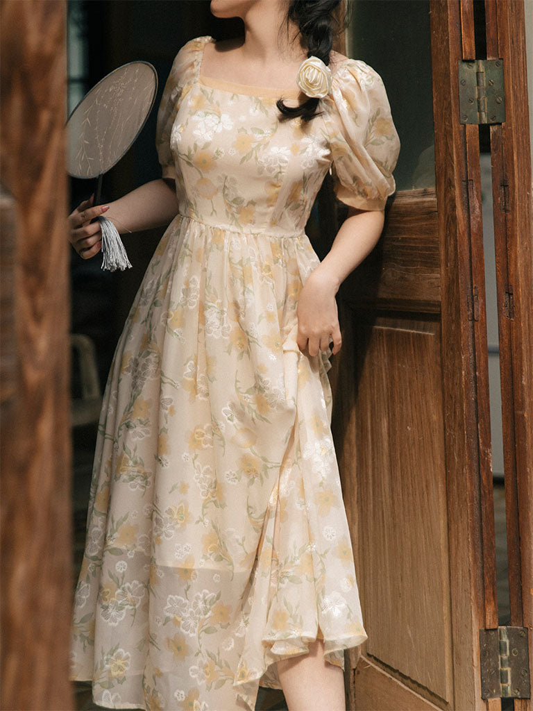 Yellow Floral Print Vintage Dream 1950S Graden Dress