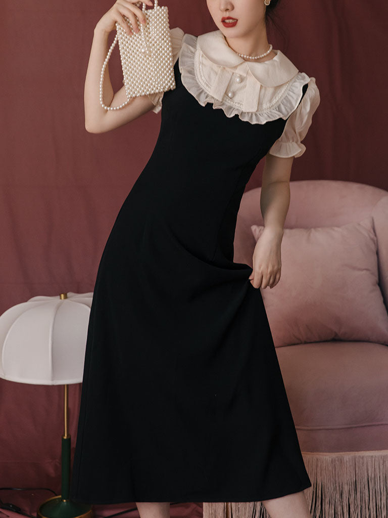Black Peter Pan Ruffles Puff Sleeve Audrey Hepburn 1950S Dress