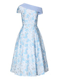 Baby Blue Luxury 3D Floral Brocade One Shoulder Cap Sleeve Vintage Party Gown
