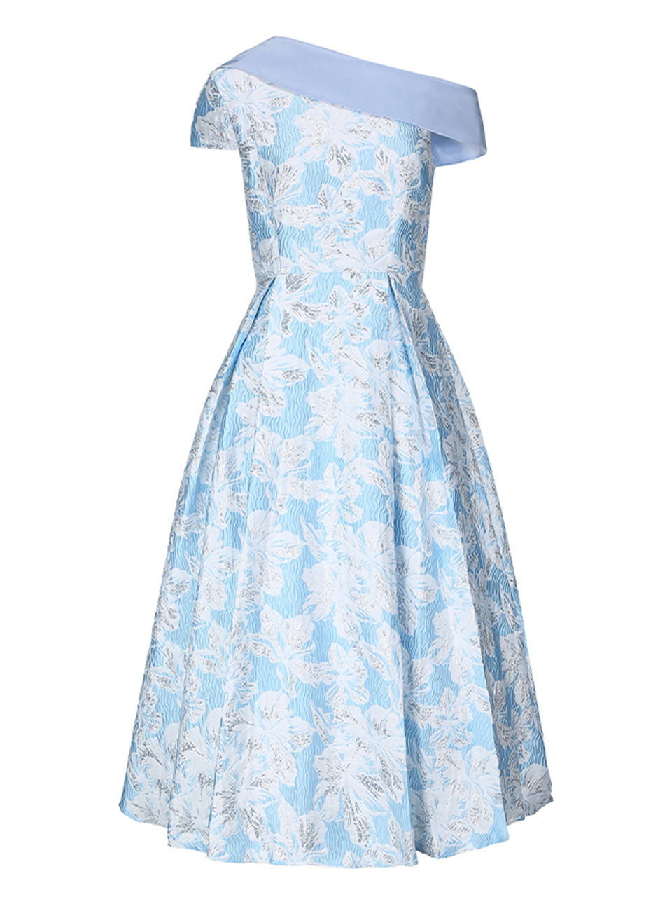 Baby Blue Luxury 3D Floral Brocade One Shoulder Cap Sleeve Vintage Party Gown