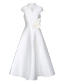 White Satin Cap Sleeve Dress for Wedding Midi Dress