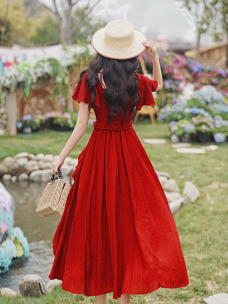 2PS Red Rose Ruffles Spaghetti Strap Top and High Waist Swing Dress Set