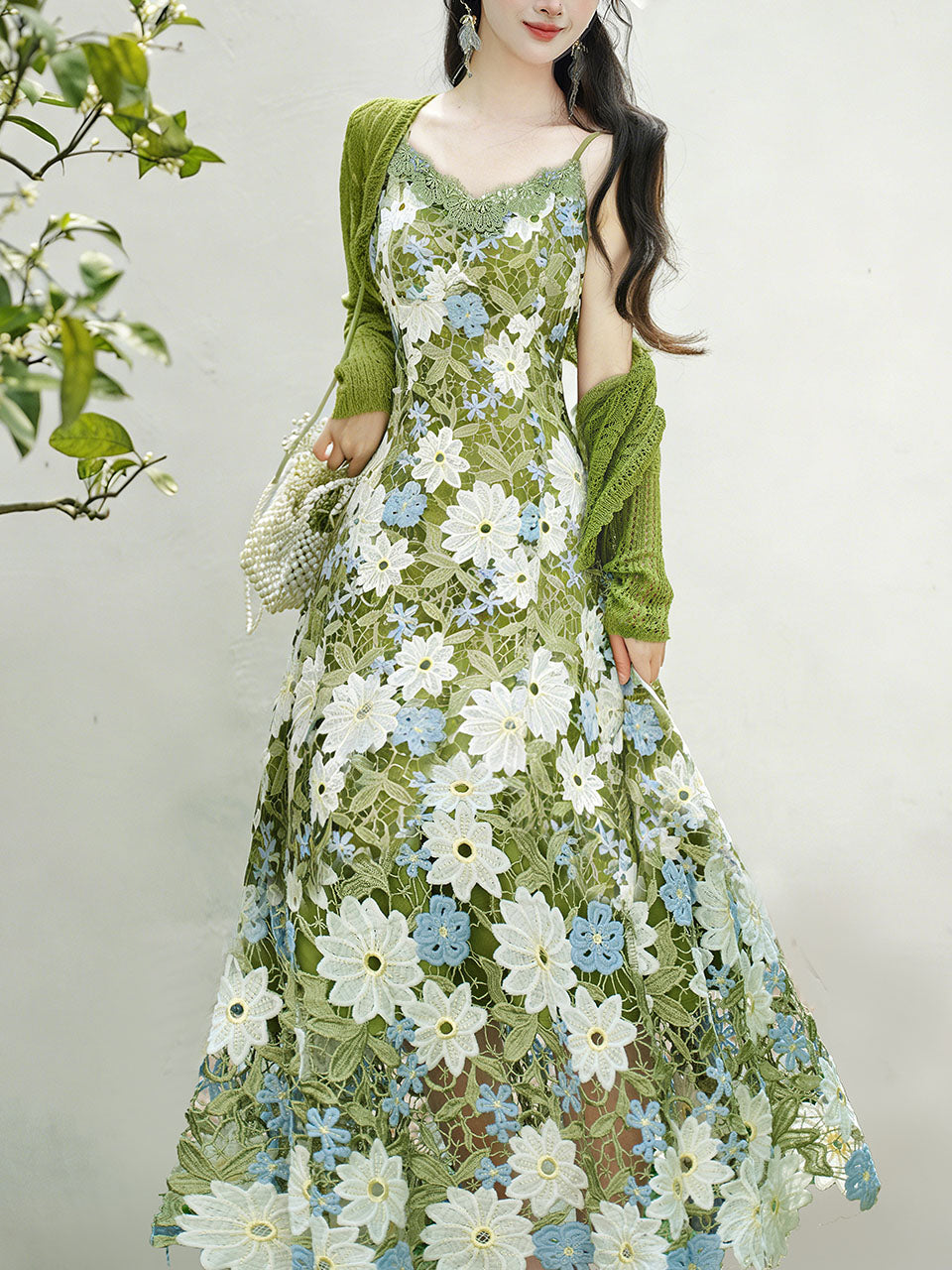 Green Floral Embroidered Lace Maxi Dress Prom Dress