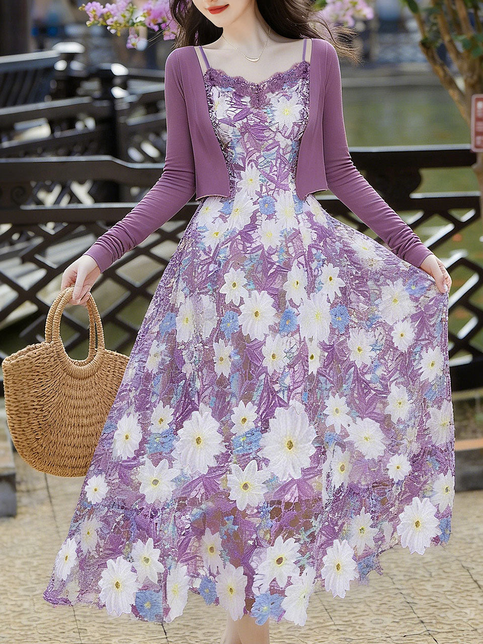 Purple Floral Embroidered Lace Maxi Dress Prom Dress