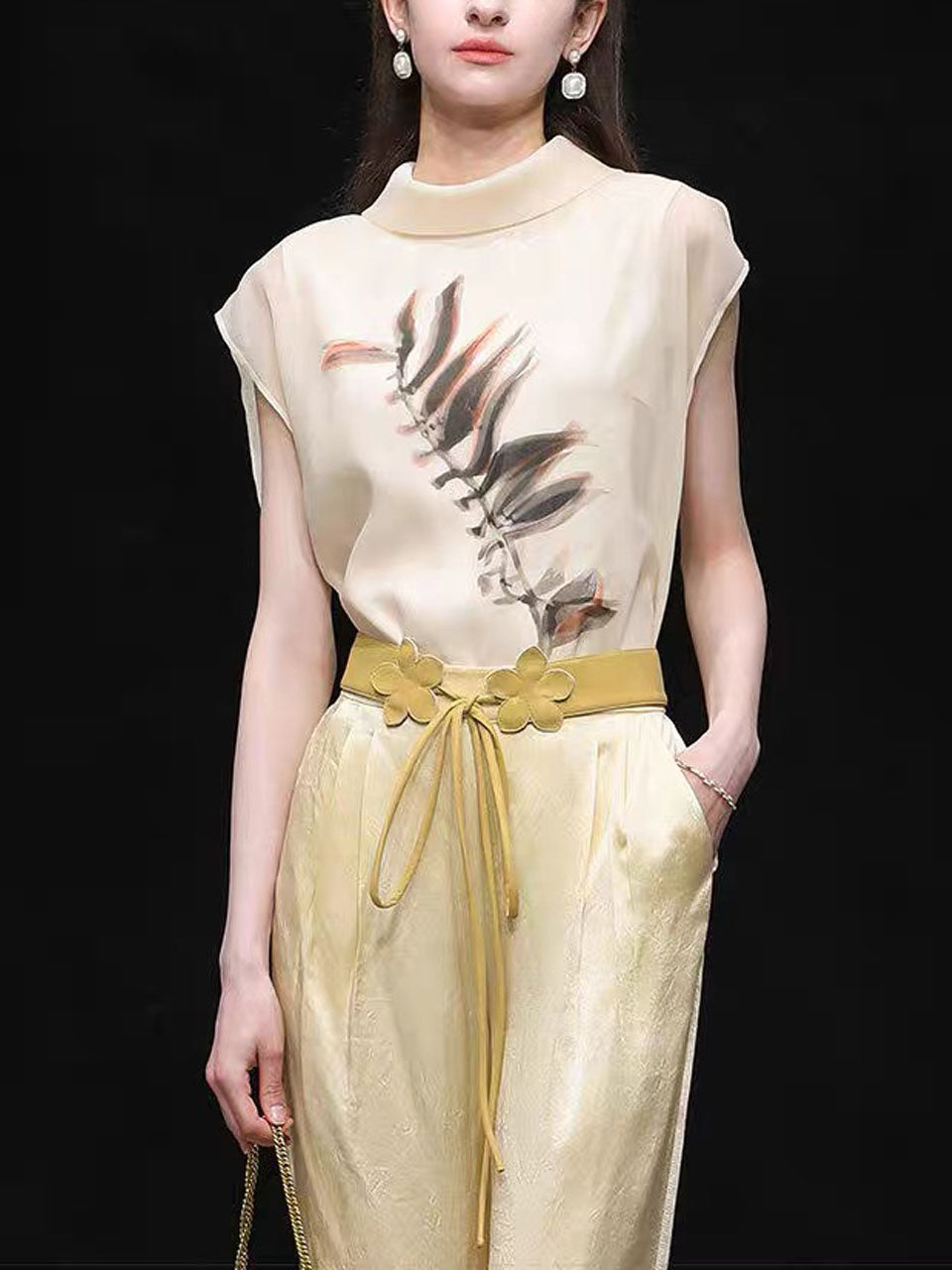 2PS Silk Printed Sleeveless Top and Gold Metallic Pant Set
