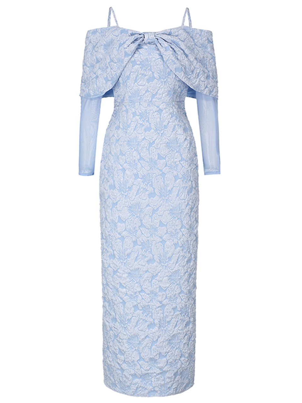 Baby Blue Off Shoulder Oversized Bow Soft Jacquard Maxi Gown