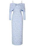 Baby Blue Off Shoulder Oversized Bow Soft Jacquard Maxi Gown