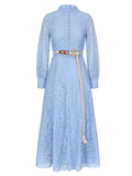 Blue Edwardian Lace Stand Collar Long Sleeve Maxi Dress