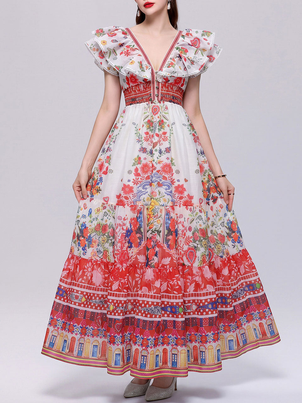 Dark Boho Floral Printed Chiffon V-Neck Ruffled Summer Beach Maxi Dress