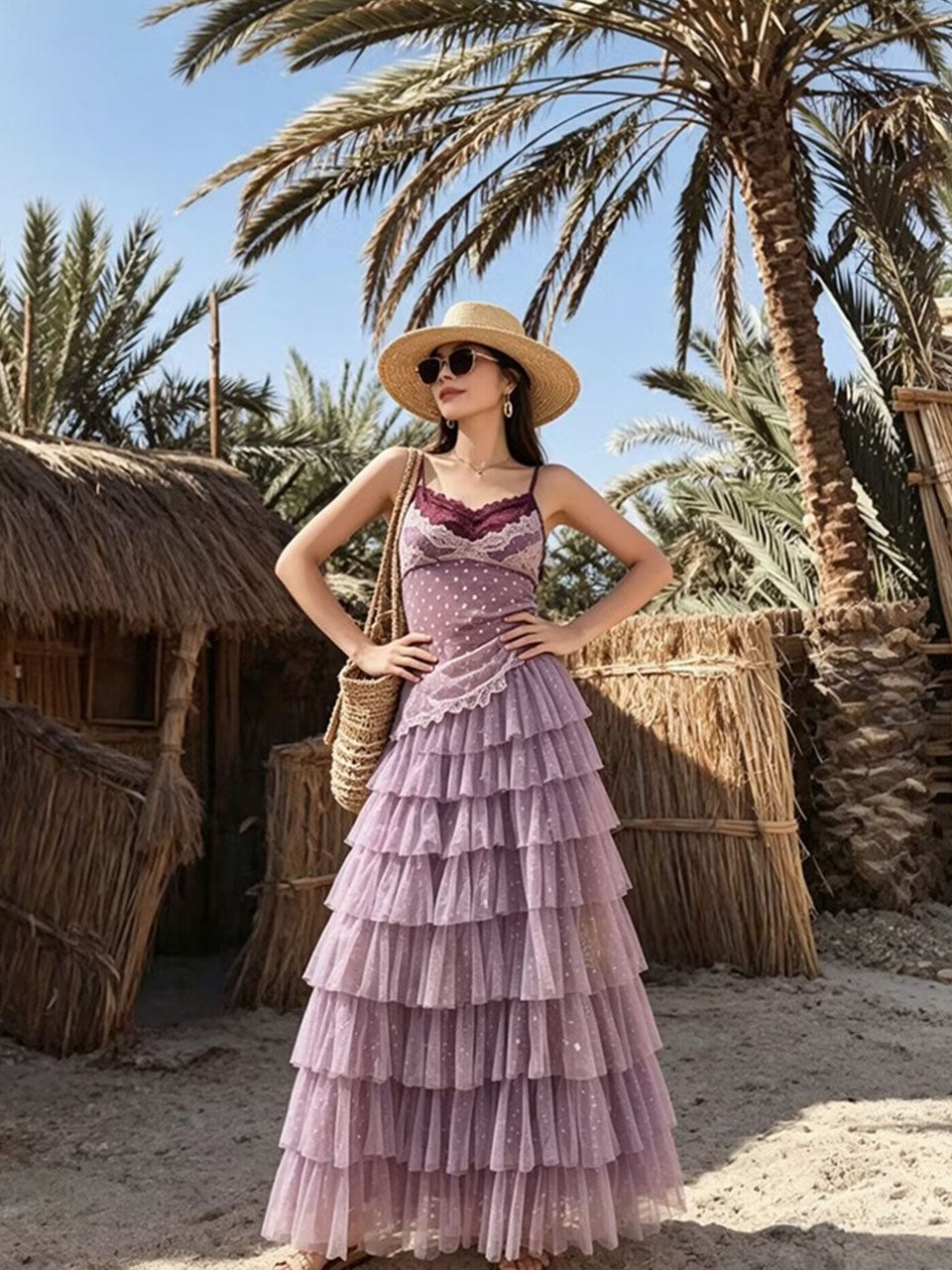 Purple Bohemian Polka Dots Camisole Top and Maxi Skirt Set