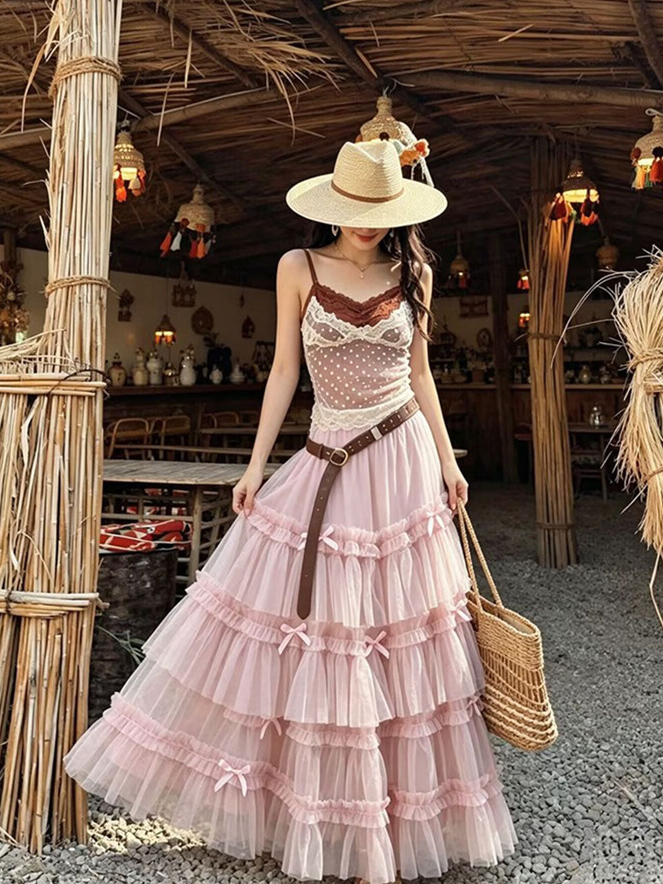 Pink Bohemian Polka Dots Camisole Top and Maxi Skirt Set