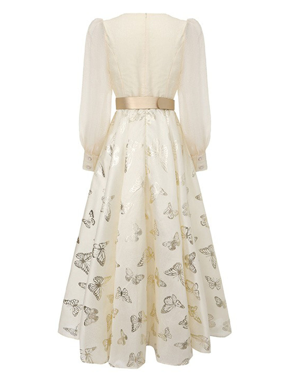 Gold Foil Butterfly Print Pink Vintage Square Neck Maxi Dress