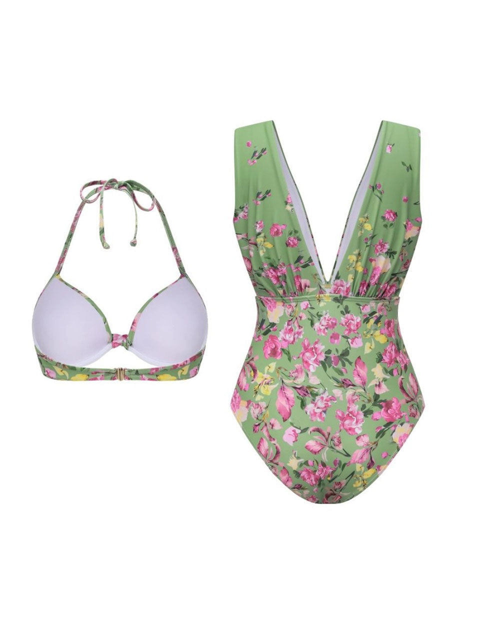 3PS Sage Green Vintage Halter Cutout Pastel Flower Print Monokini and Flowy Beach Long Skirt Swimsuit Set