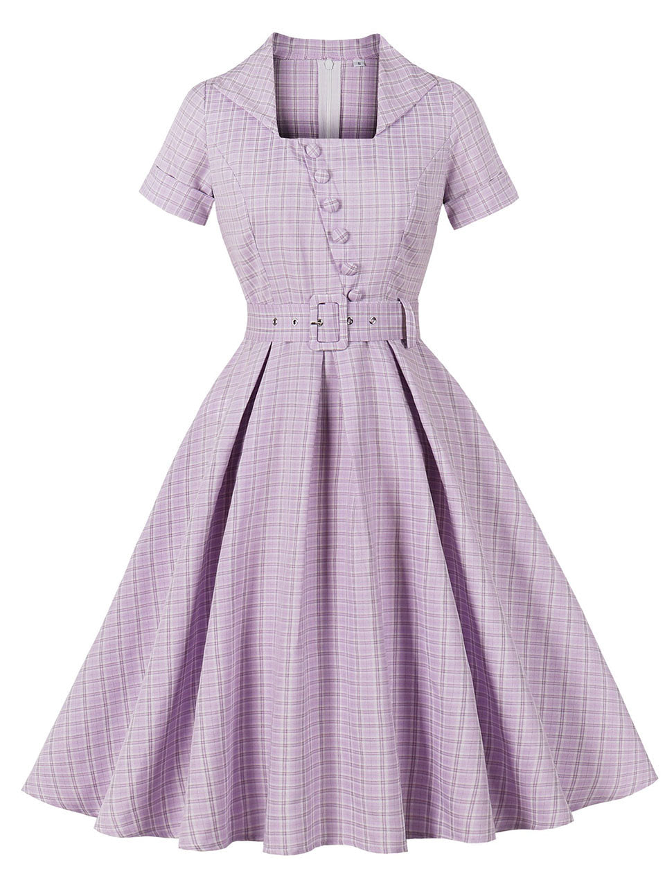 Purple Plaid Square Collar 1950s Swing Dress