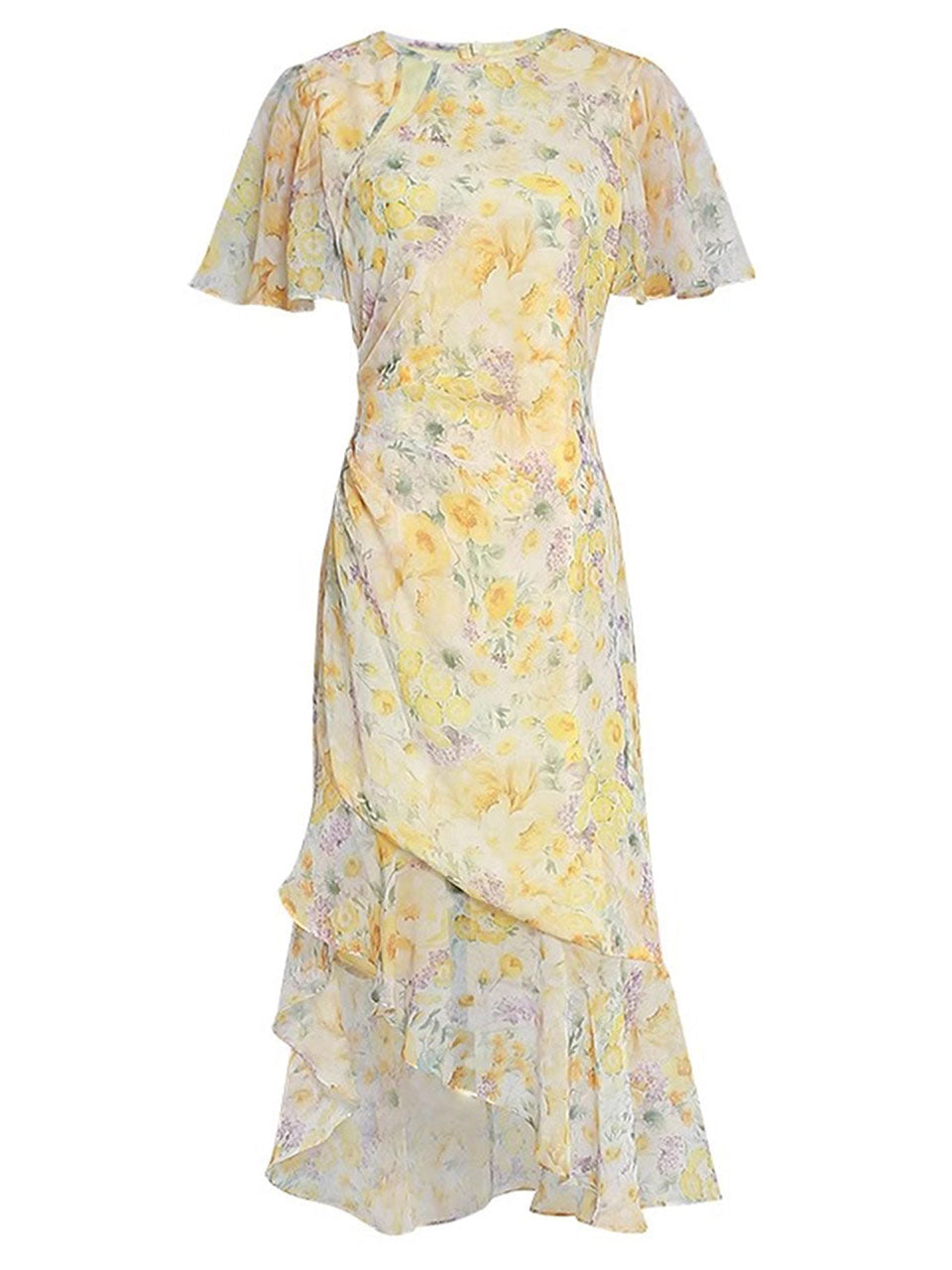 Yellow Floral Print Ruffles 1950S Vintage Dress