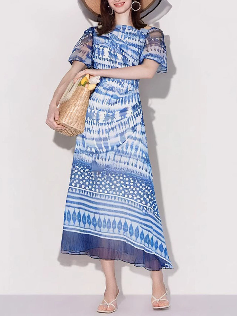 Blue One Shoulder Lantern Sleeve Printed Fishtail Vintage Dress