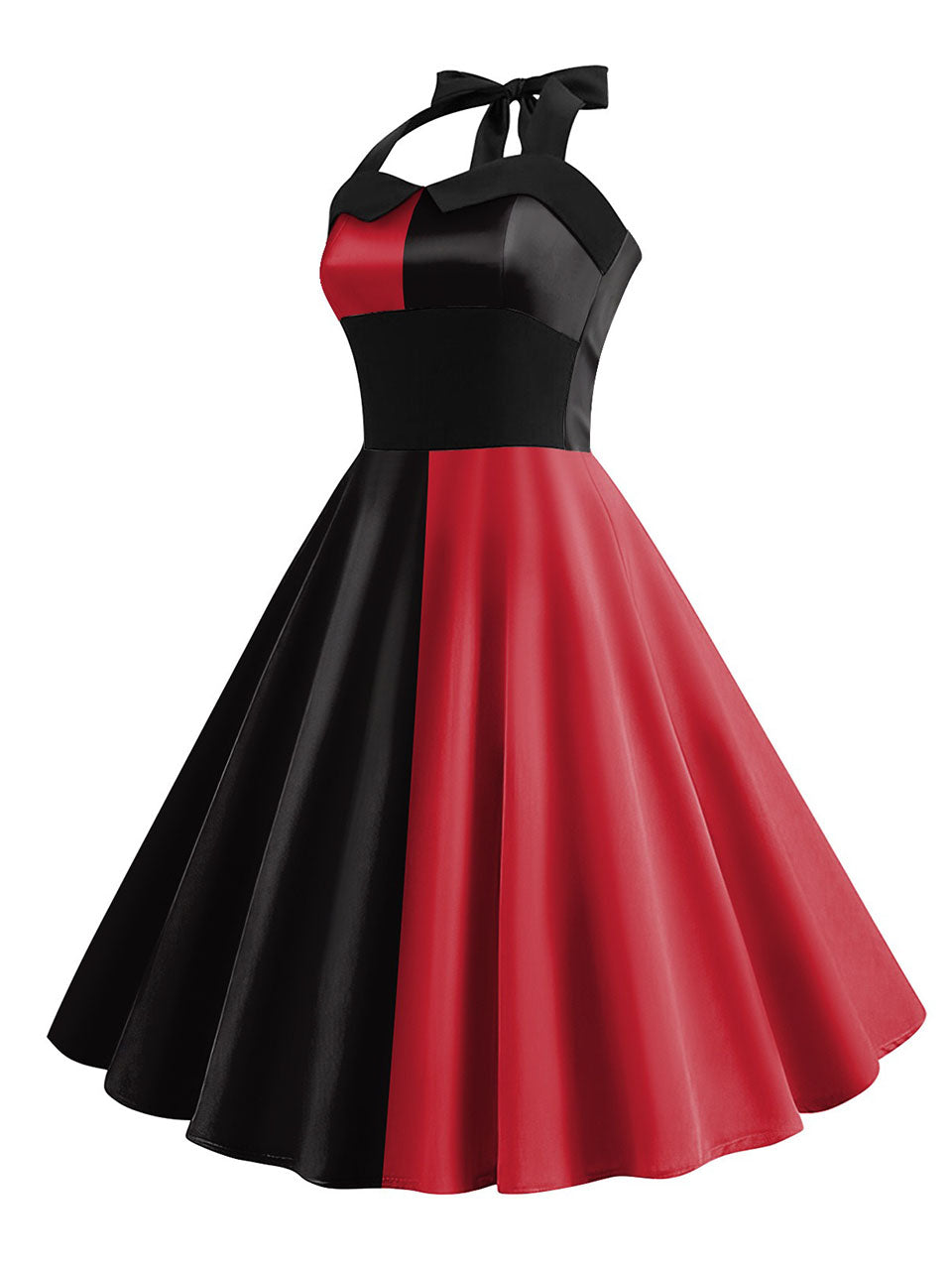 Red & Black Split Halter Dress, Halloween Gothic Jester Cosplay Vintage 1950s Party Swing Dress