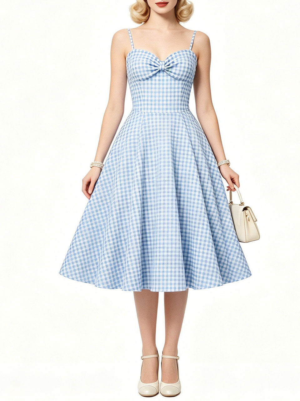Vintage Blue Plaid Dorothy Dress, 1950s Sweetheart Neckline Retro Picnic A-Line Swing Dress