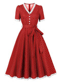 Vintage Lace Red V Neck Polka Dots 1950s Swing Dress