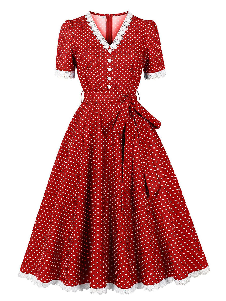 Vintage Lace Red V Neck Polka Dots 1950s Swing Dress