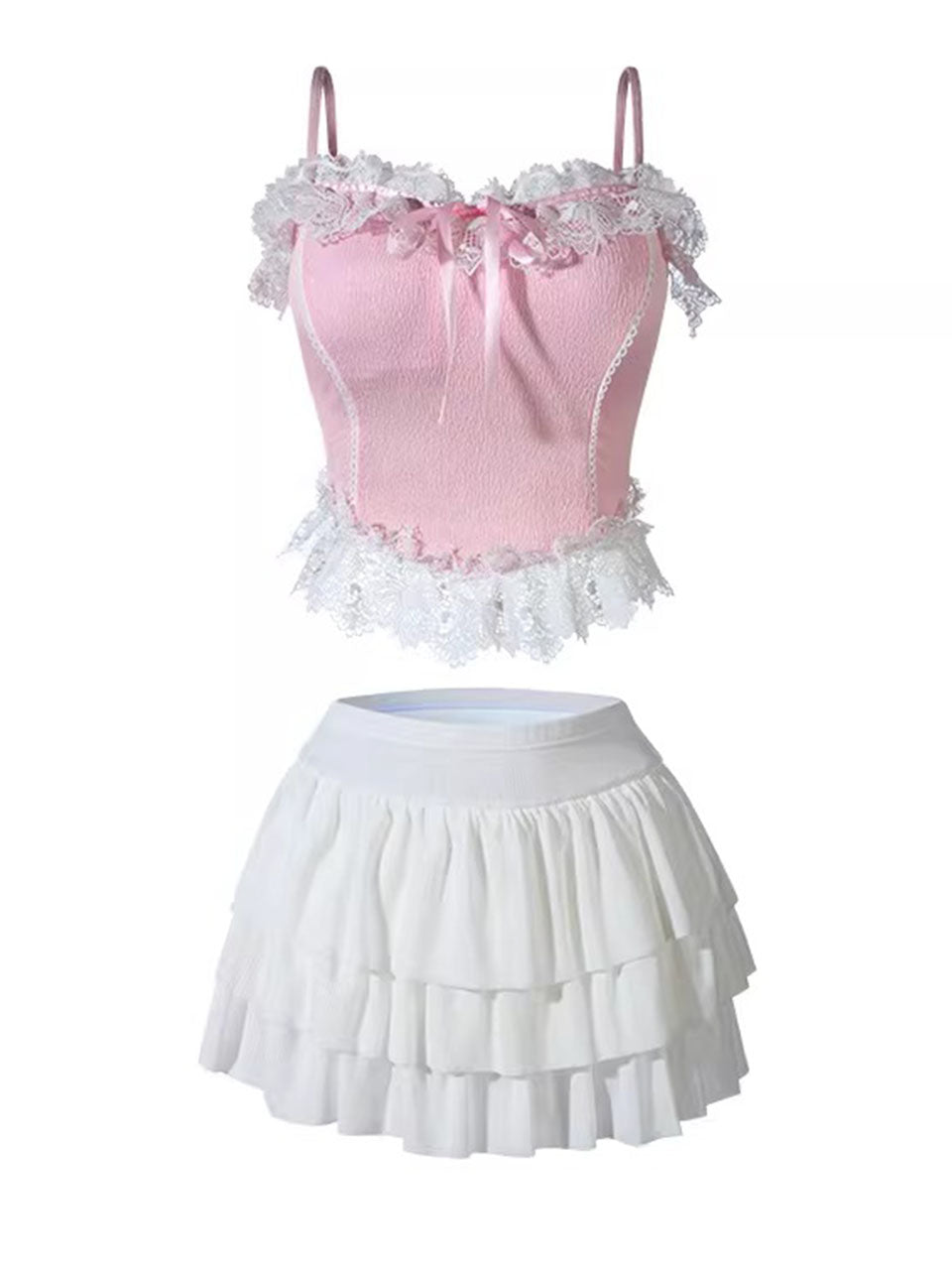 Pink Lace Bandeau and White Tutu Skirt Bikini Set  Two Piece High Waist Swimsuit