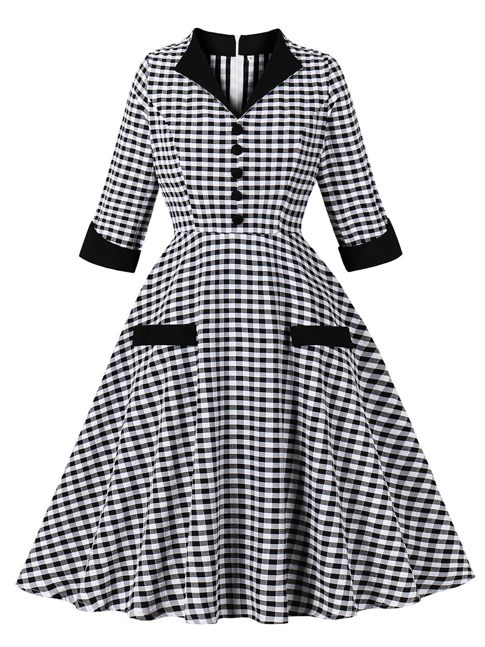 Black White Plaid V Neck 1950s Three-Quarter Sleeves Swing Dress