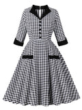 Black White Plaid V Neck 1950s Three-Quarter Sleeves Swing Dress