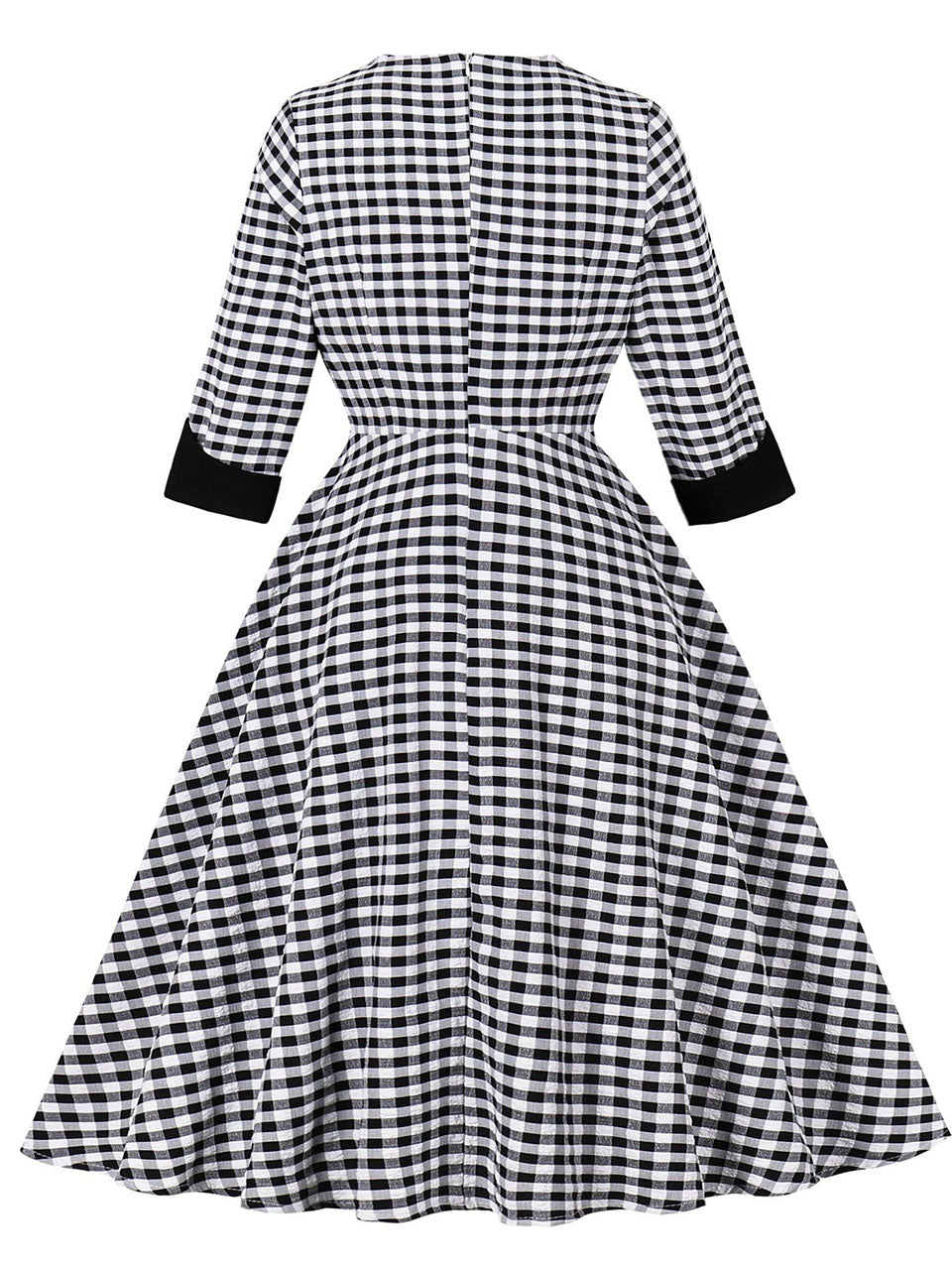 Black White Plaid V Neck 1950s Three-Quarter Sleeves Swing Dress