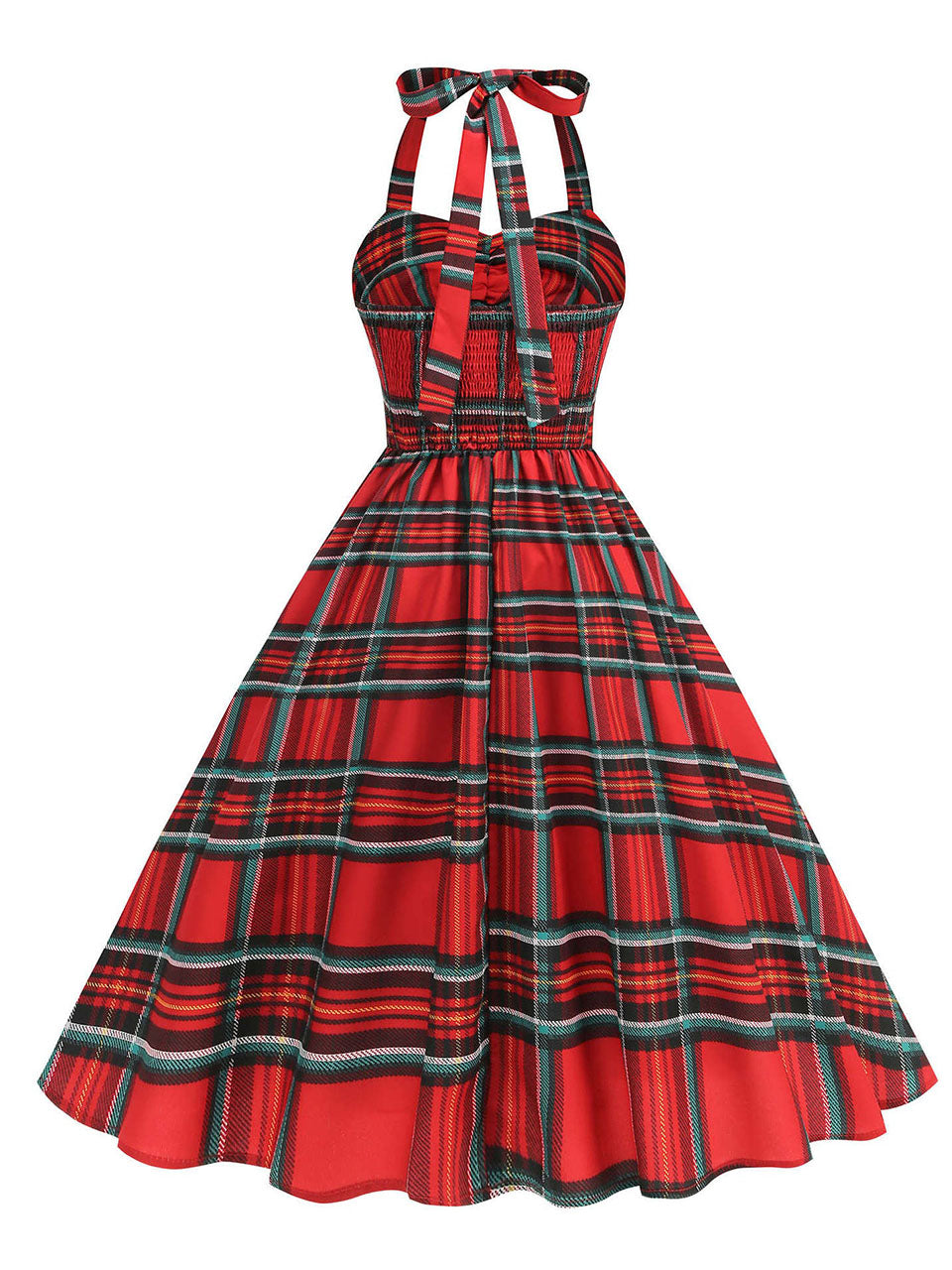 Red Plaid Sleeveless Halter Neck 50S Swing Christmas Dress